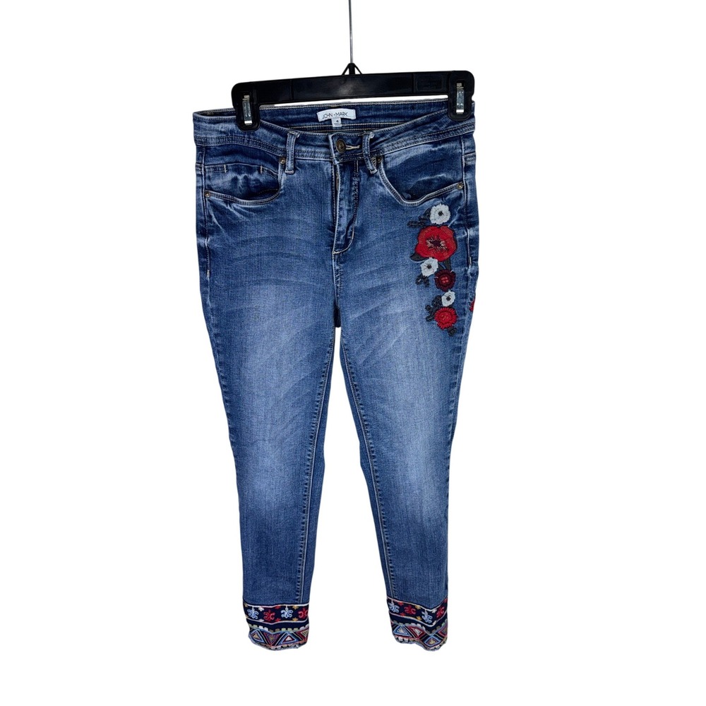 John Mark Floral Embroidered Skinny Jeans Medium Wash‎ Boho Ankle Denim Size 4
